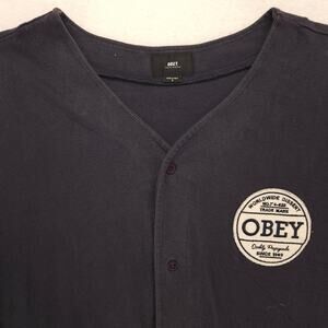 Obey Casual Button Up Short Sleeve Graphic Shirt Mens Size Small S Navy Blue